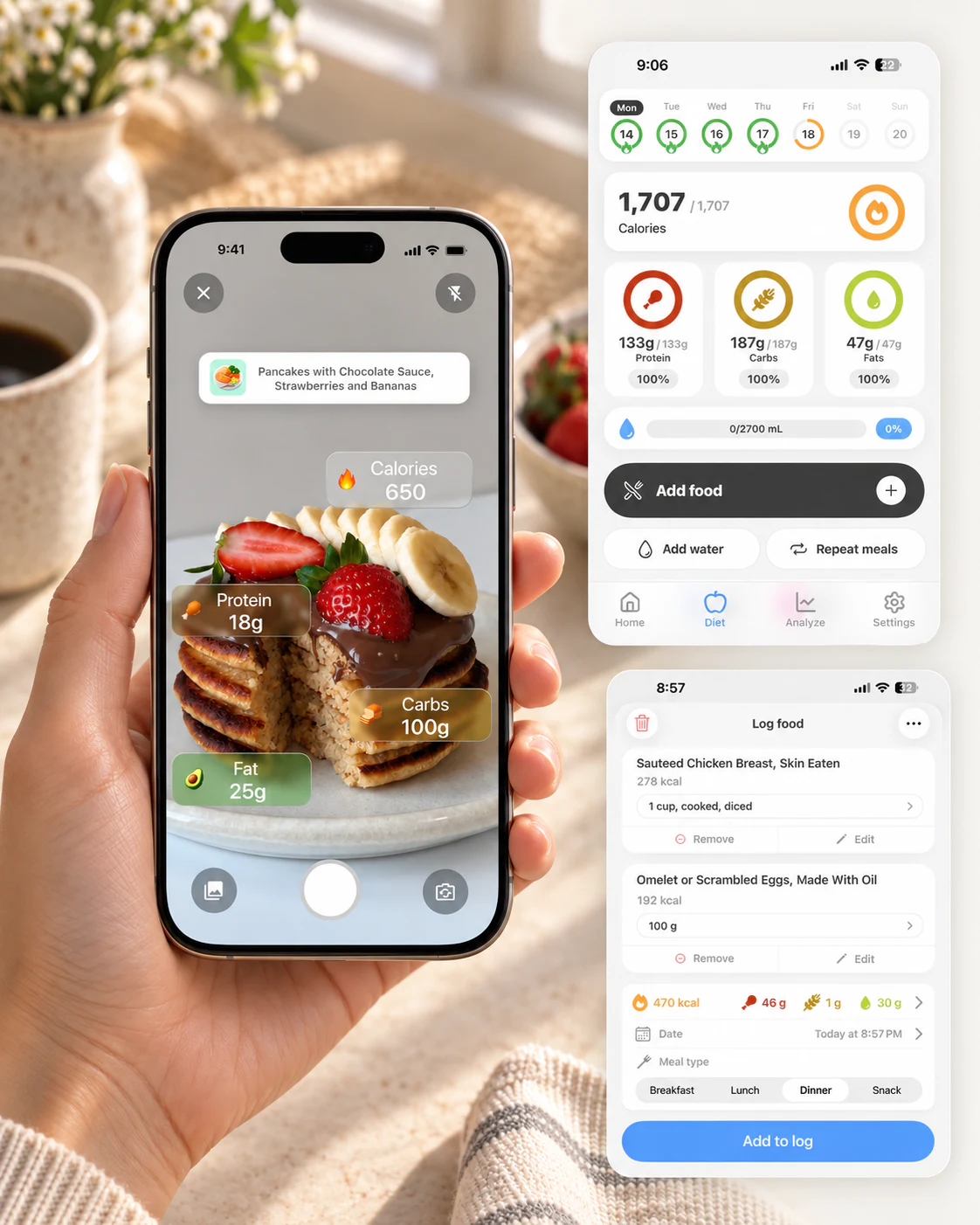 Kilost food scanning at breakfast, alongside the calorie, macro, and water dashboard and a meal log with foods and portions.
