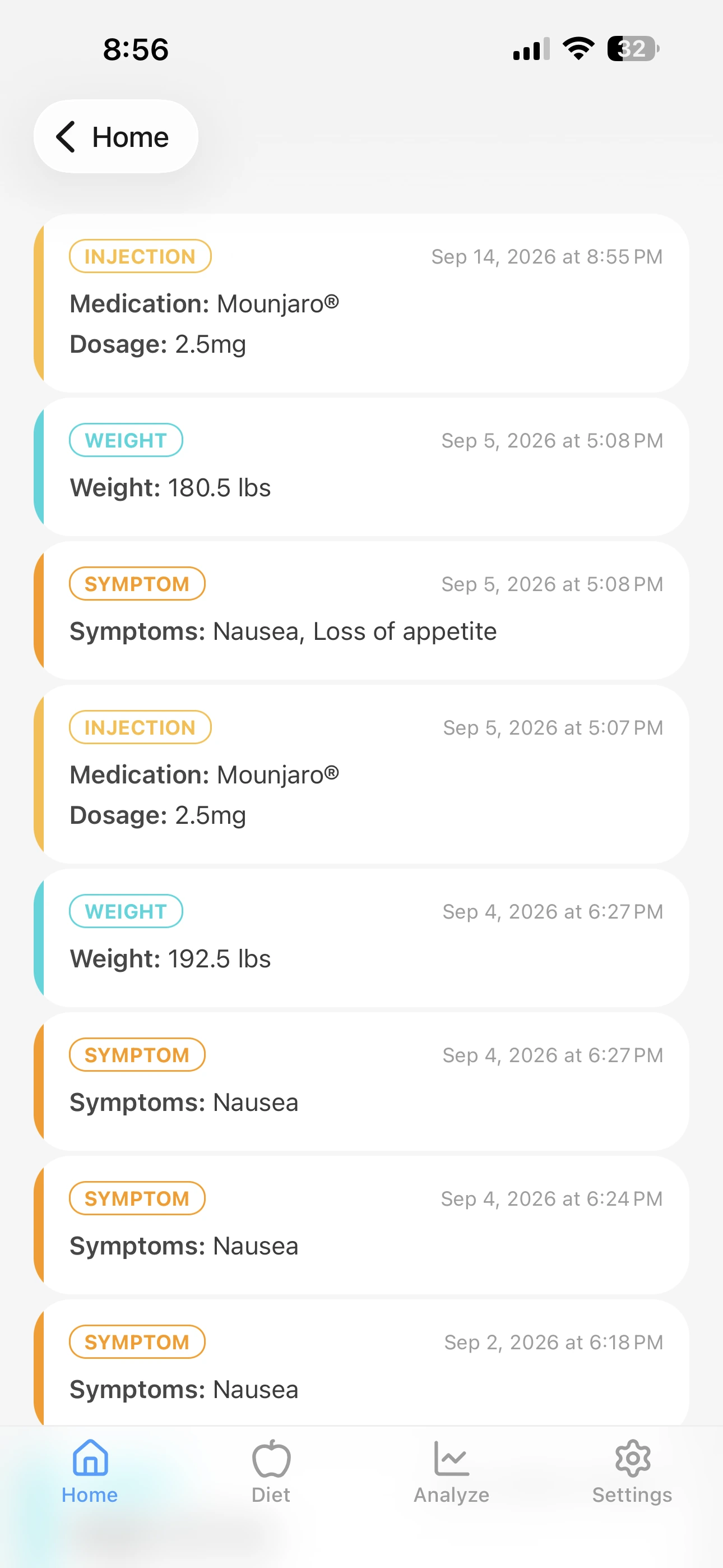 A timeline of injection, weight, and symptom check-ins.
