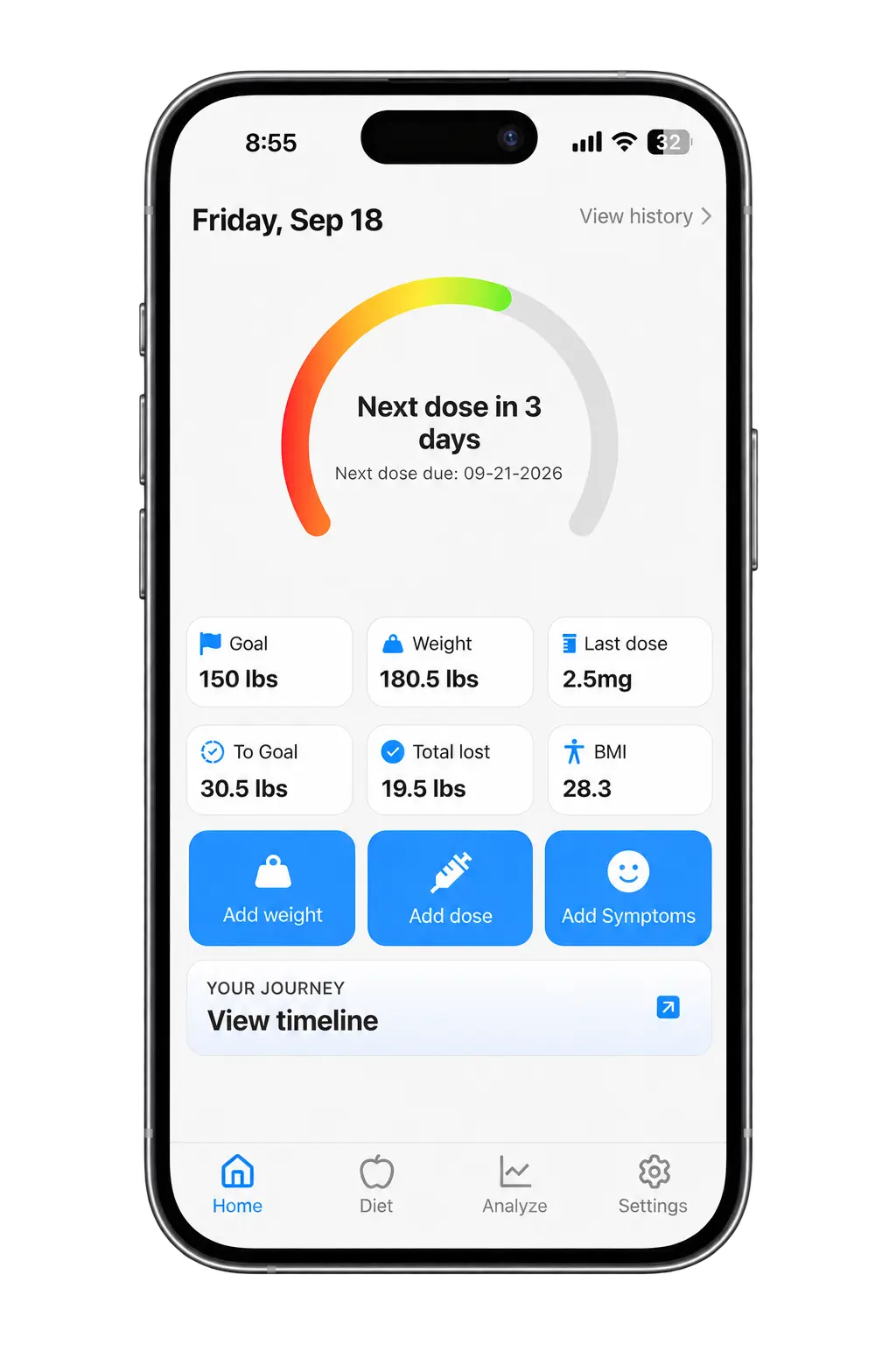 Kilost on iPhone, showing the next dose countdown, weight progress, and shortcuts to log weight, doses, and symptoms.
